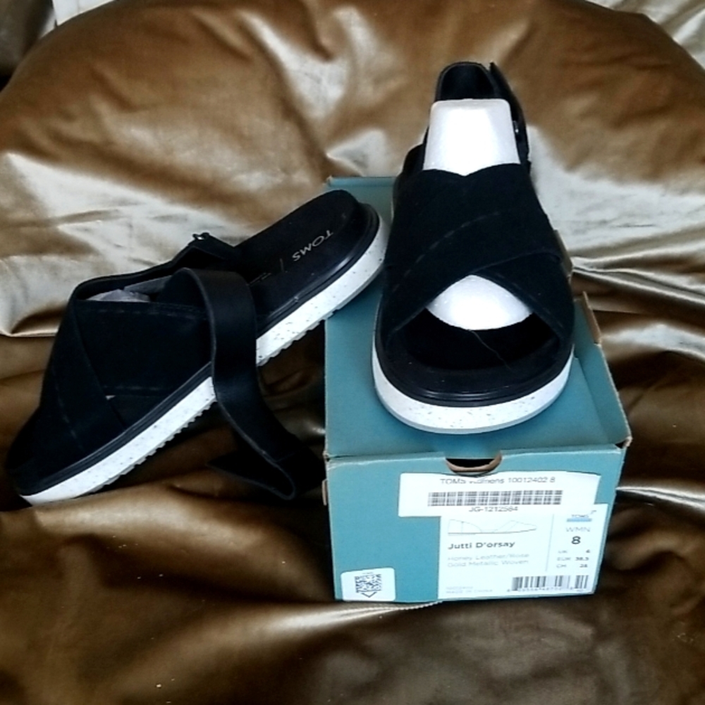 TOMS Slingback Black Leather Arch Support Sandals Eco LT Ortholite Insole NEW
